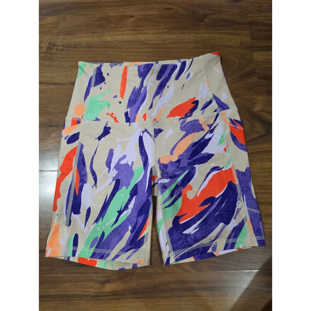 Excellent DSG Bike Shorts Small Tan Multicolor Paint Splatter High Waist Pockets